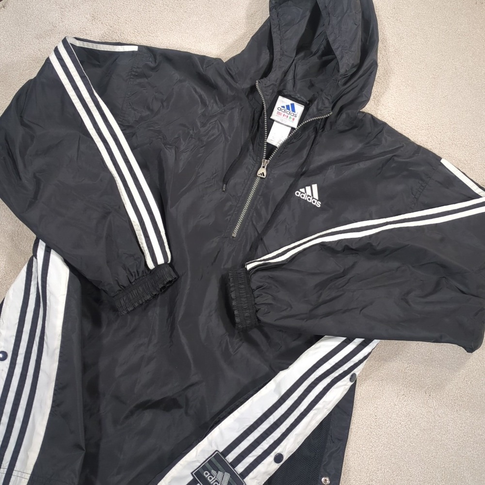 VINTAGE Adidas Jacket Mens Large Black White Windbreaker Hoodie Half Zip Warmup